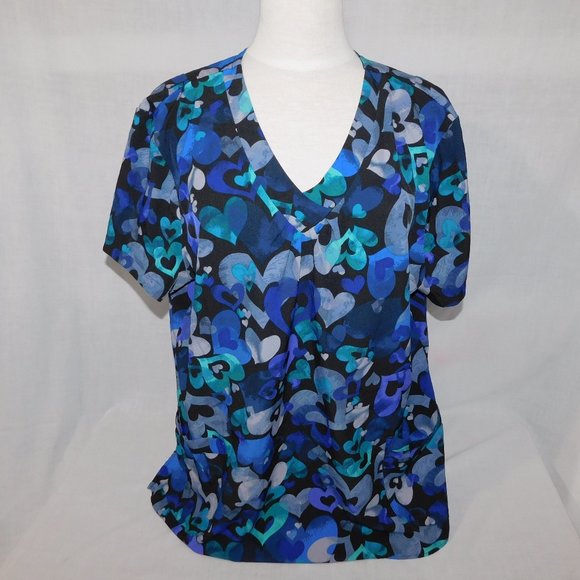 White Cross Womens XL Black with Blue Purple Hearts V Neck Scrub Top Shirt - Picture 1 of 12